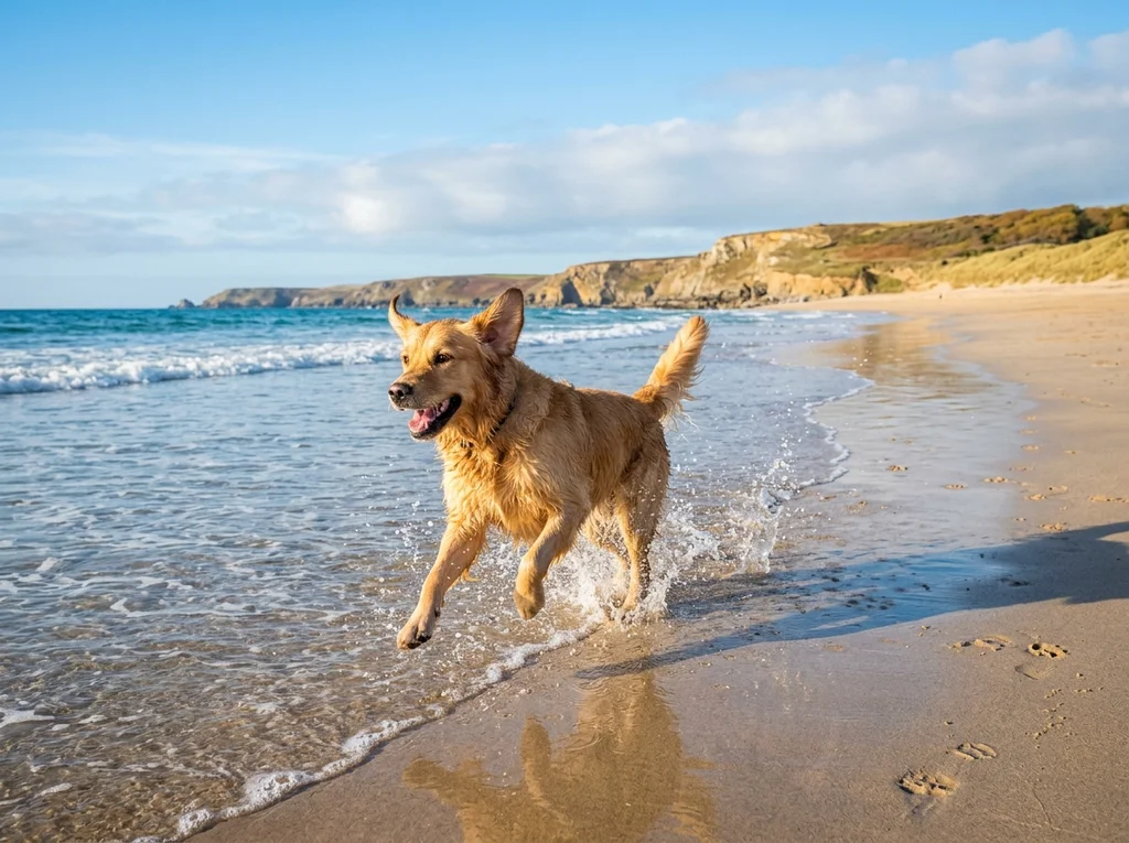 Een hond rent door het ondiepe water aan het strand.