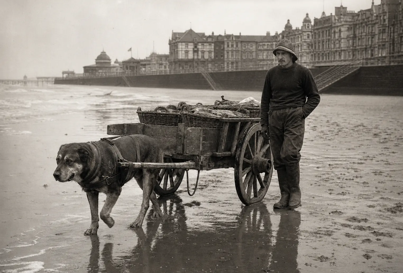 Trekhond met houten viskar op een strandpromenade aan de Belgische kust