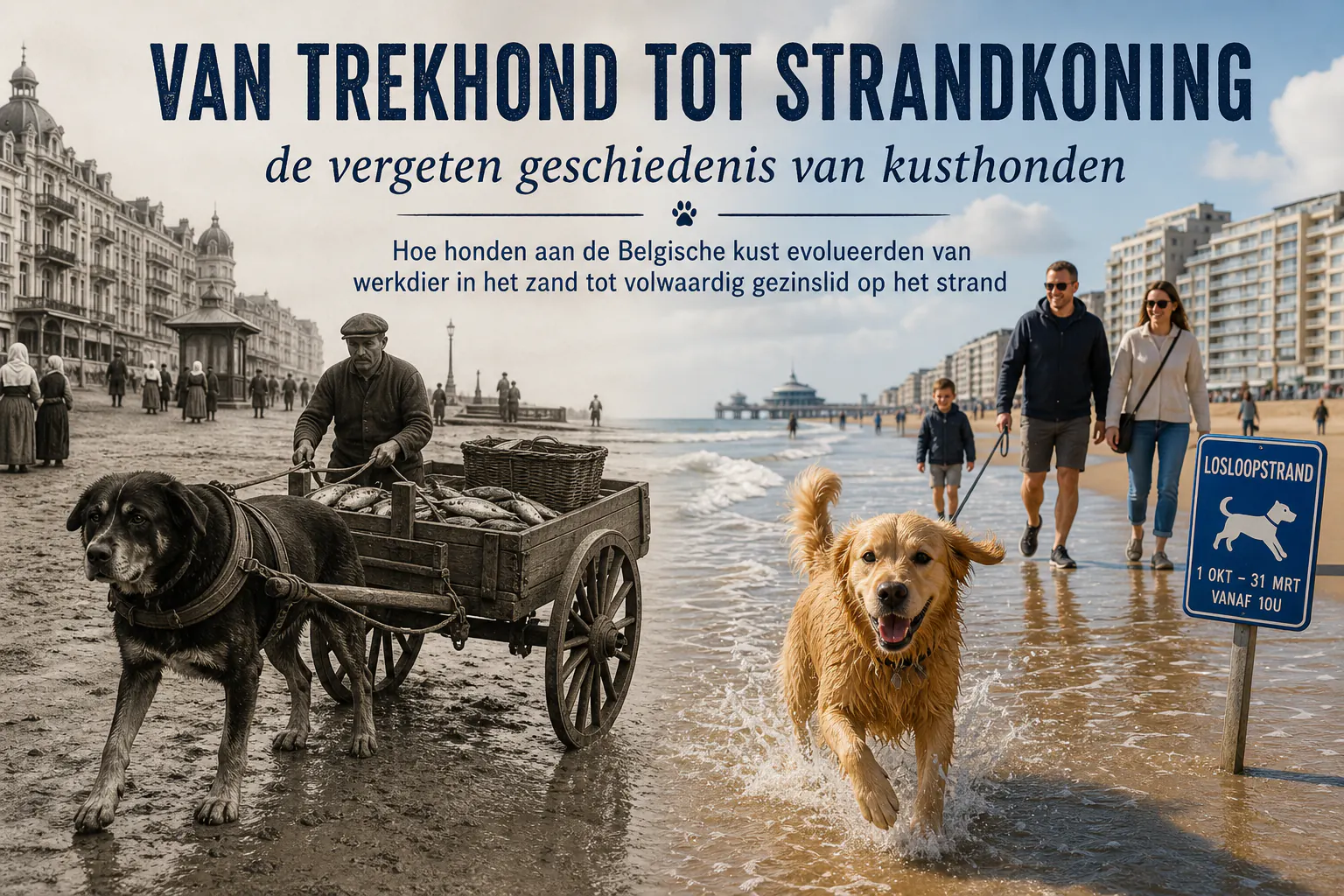 Breed historisch coverbeeld van een trekhond met kar aan de Belgische kust