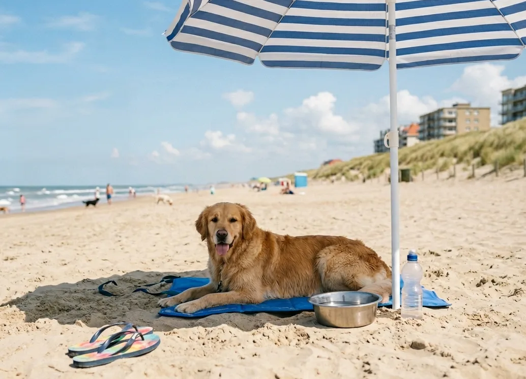 Hond zoekt de schaduw op tijdens een warme dag aan de Belgische kust